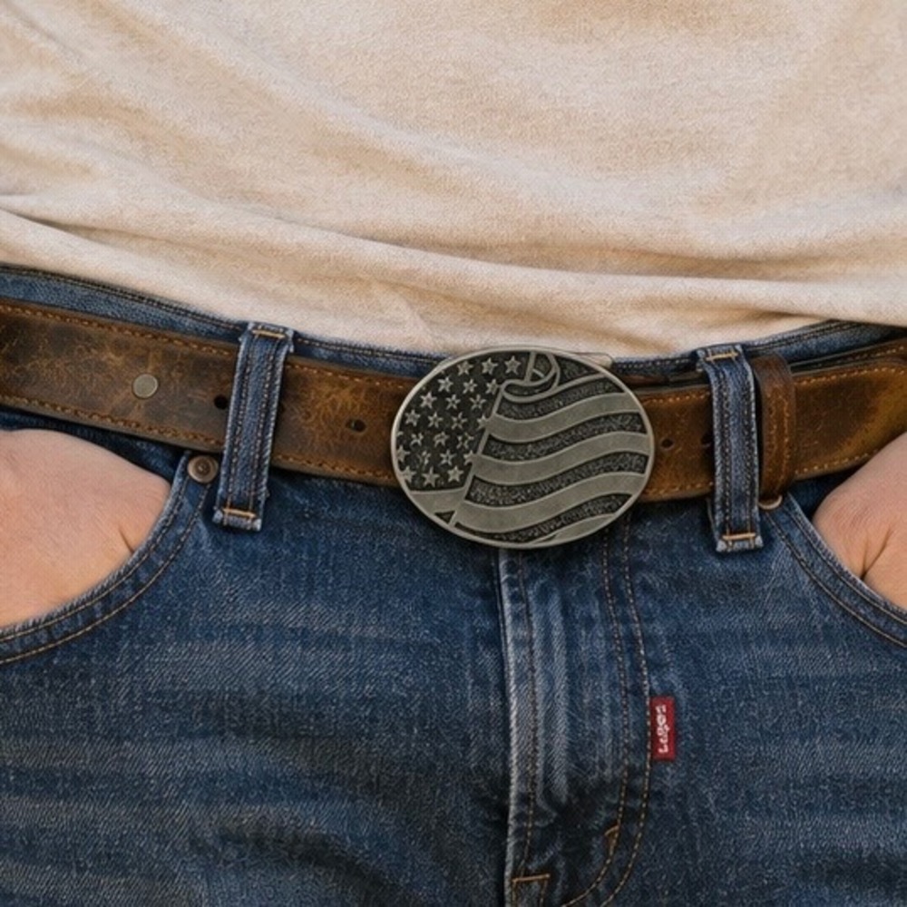 Cody James Mens 32 Brown Leather Belt American Flag Buckle Distressed Western
